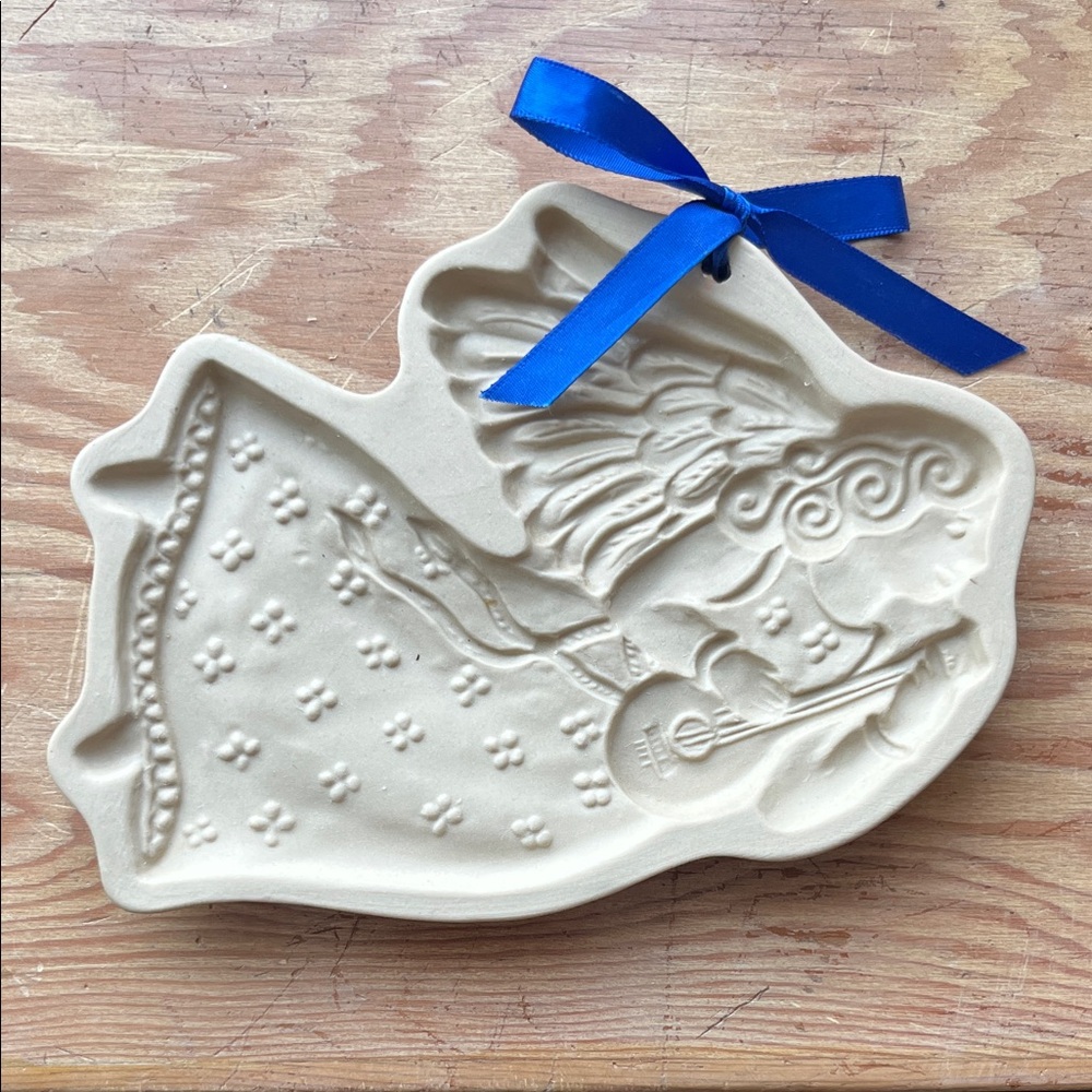Vintage 1986 “Angel with Lute”Shaped Ceramic Mold with Blue Ribbon 7”